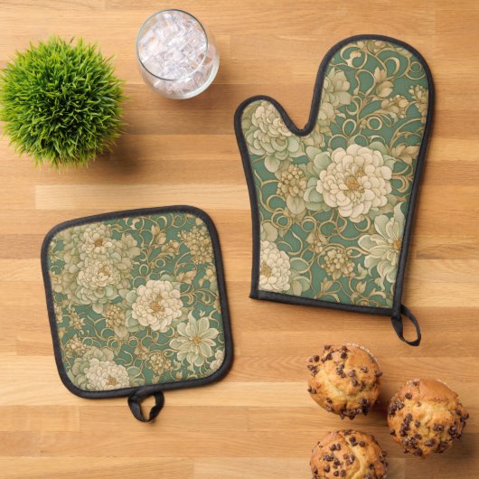 ノスタルジック花模様インヴィンテージハウス 鍋つかみ&鍋敷きセット (トップダウン)