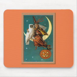 ノスタルジック ハッピー ハロウィン 魔女とフクロウ マウスパッド