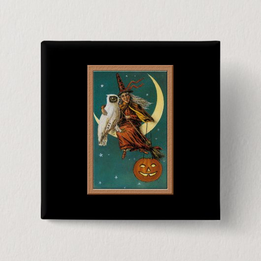 ノスタルジック ハッピー ハロウィン 魔女とフクロウ 缶バッジ (正面)