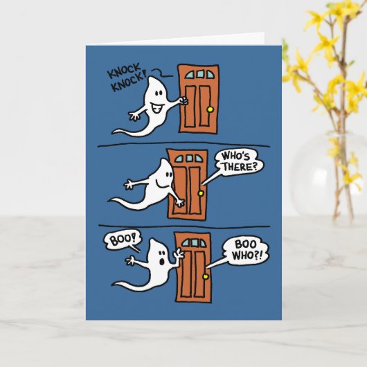 ノックのノックのハロウィンの漫画の幽霊は挨拶をからかいます カード (黄色い花)