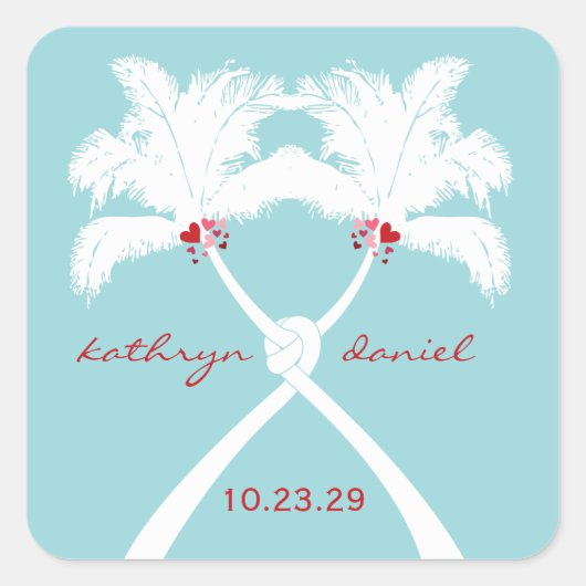 ノッテッドパームツリーズハートトロピカルビーチ結婚式 スクエアシール (正面)