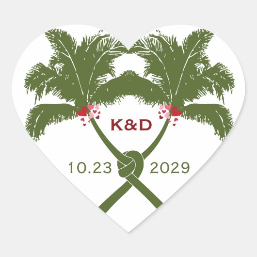 ノッテッドパームツリーズレッドラブトロピカルビーチ結婚式 ハートシール (正面)