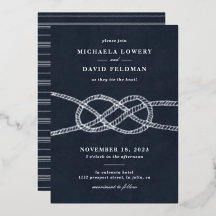 ノット図解入りの、写真付きの結婚式招待状 – ネイビー