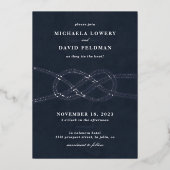 ノット図解入りの、写真付きの結婚式招待状 – ネイビー 箔招待状 (正面)