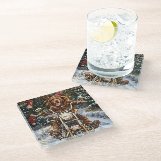 ノバスコシア犬オートバイクリスマスに乗る ガラスコースター (アングル)