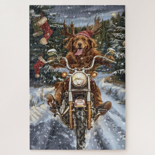 ノバスコシア犬オートバイクリスマスに乗る ジグソーパズル (縦)