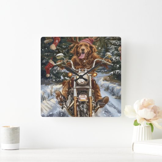 ノバスコシア犬オートバイクリスマスに乗る スクエア壁時計 (ホーム)