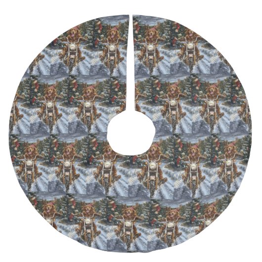 ノバスコシア犬オートバイクリスマスに乗る ブラッシュドポリエステルツリースカート (正面)