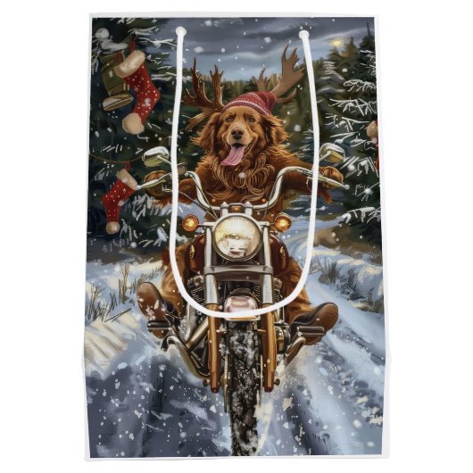 ノバスコシア犬オートバイクリスマスに乗る ミディアムペーパーバッグ (裏面)