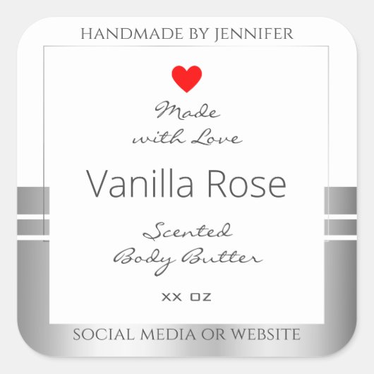 ノベルティ製品包装ラベル白と銀 スクエアシール (正面)