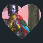 ノラ・サイバー・ウォリアーとMACAW SCIENCE FICTION ハートシール<br><div class="desc">カラフル赤いオウムと金エレガント色のジュエリーと黒い入れ墨の美しい、ピンクの宇宙の空の下で青い惑星と芸術的。 Hyperion World 3dアニメーションのsf長編映画からのアニメーションフレーム。</div>