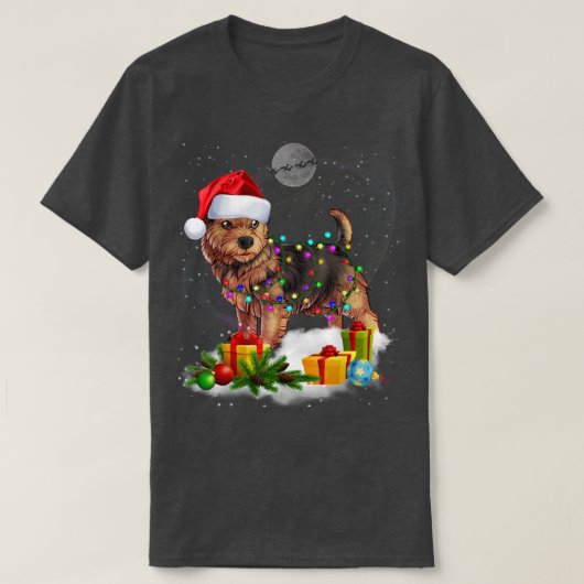 ノリッおもしろいドテリアドッグクリスマスライトサンタH Tシャツ (デザイン正面)