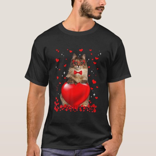 ノルウェおもしろいーの森林猫ハートバレンタイン猫Lov Tシャツ (正面)
