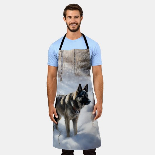 ノルウェーのエルクハウンドがそれを雪のクリスマスに許す エプロン (着用した状態)