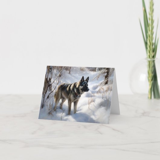 ノルウェーのエルクハウンドがそれを雪のクリスマスに許す カード (正面)