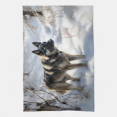 ノルウェーのエルクハウンドがそれを雪のクリスマスに許す キッチンタオル (縦)