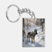 ノルウェーのエルクハウンドがそれを雪のクリスマスに許す キーホルダー (正面左)