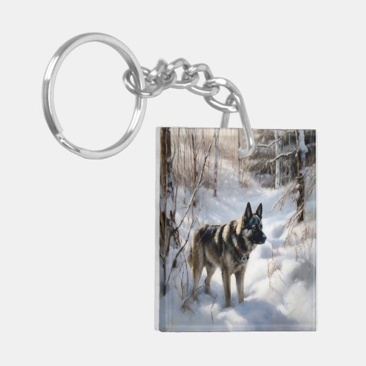 ノルウェーのエルクハウンドがそれを雪のクリスマスに許す キーホルダー (正面左)