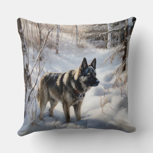 ノルウェーのエルクハウンドがそれを雪のクリスマスに許す クッション (裏面)