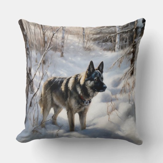 ノルウェーのエルクハウンドがそれを雪のクリスマスに許す クッション (正面)