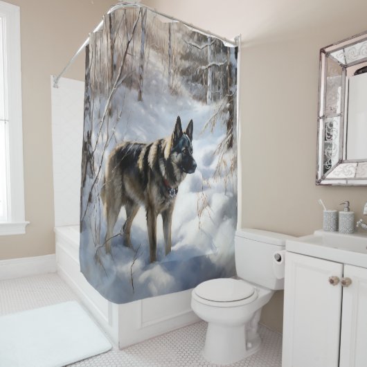 ノルウェーのエルクハウンドがそれを雪のクリスマスに許す シャワーカーテン (インサイチュ)