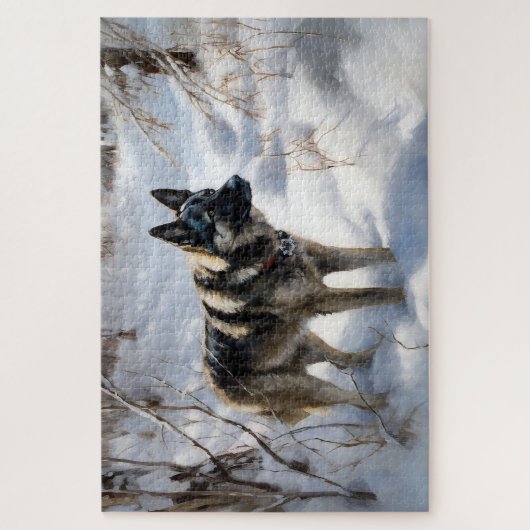 ノルウェーのエルクハウンドがそれを雪のクリスマスに許す ジグソーパズル (縦)