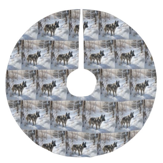 ノルウェーのエルクハウンドがそれを雪のクリスマスに許す ブラッシュドポリエステルツリースカート (正面)