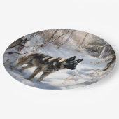 ノルウェーのエルクハウンドがそれを雪のクリスマスに許す ペーパープレート (アングル)