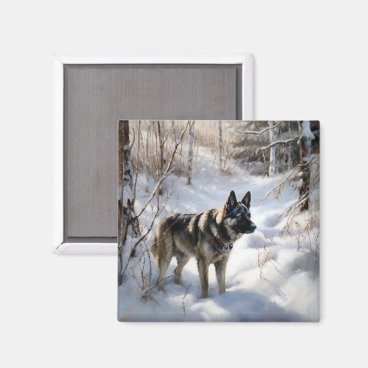 ノルウェーのエルクハウンドがそれを雪のクリスマスに許す マグネット (正面/裏面)