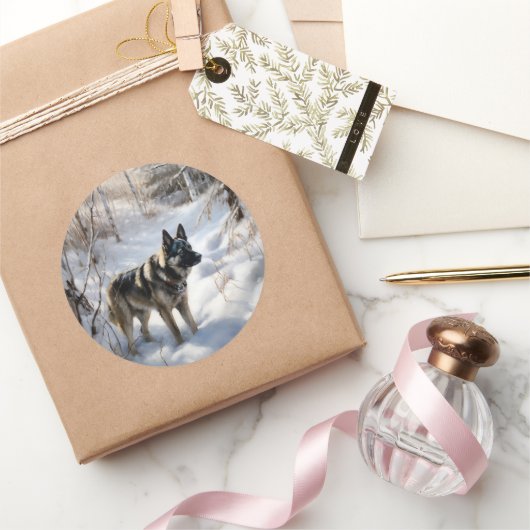 ノルウェーのエルクハウンドがそれを雪のクリスマスに許す ラウンドシール (ギフト)