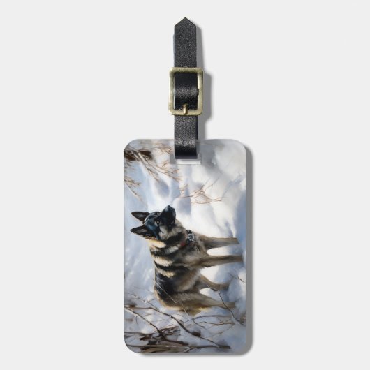 ノルウェーのエルクハウンドがそれを雪のクリスマスに許す ラゲッジタグ (正面縦)