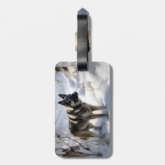 ノルウェーのエルクハウンドがそれを雪のクリスマスに許す ラゲッジタグ (裏面縦)