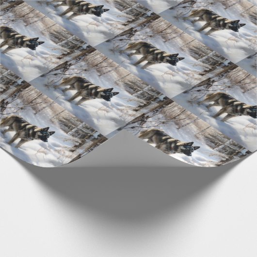 ノルウェーのエルクハウンドがそれを雪のクリスマスに許す ラッピングペーパー (角)