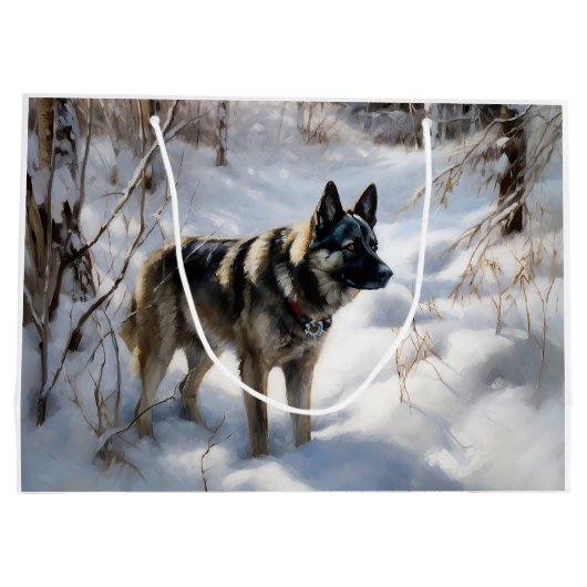 ノルウェーのエルクハウンドがそれを雪のクリスマスに許す ラージペーパーバッグ (裏面)