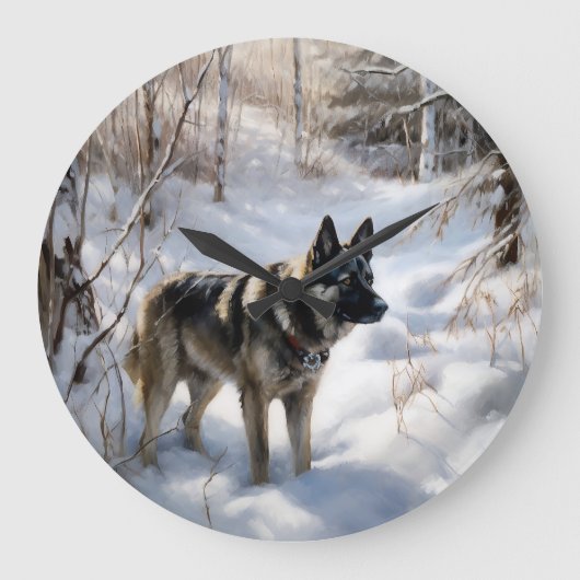 ノルウェーのエルクハウンドがそれを雪のクリスマスに許す ラージ壁時計 (正面)