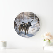 ノルウェーのエルクハウンドがそれを雪のクリスマスに許す ラージ壁時計 (ホーム)