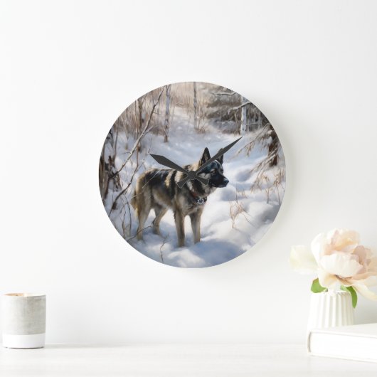 ノルウェーのエルクハウンドがそれを雪のクリスマスに許す ラージ壁時計 (ホーム)