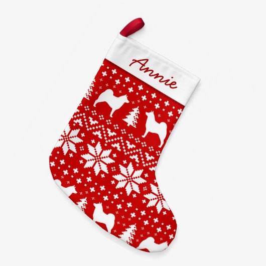 ノルウェーのエルクハウンドは休日パターンのシルエットを描きます スモールクリスマスストッキング (正面 (吊り時))