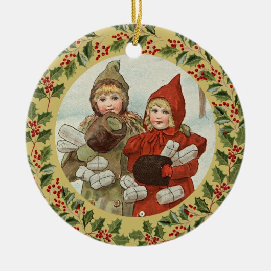 ノルウェーのクリスマスカードのヴィンテージシーン 2人の女の子 セラミックオーナメント (正面)