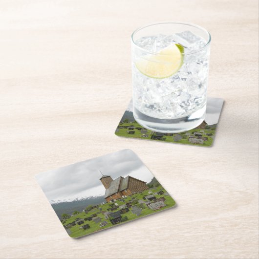 ノルウェーのコースターの墓地が付いている横木教会 スクエアペーパーコースター (インサイチュ)