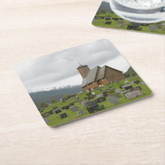ノルウェーのコースターの墓地が付いている横木教会 スクエアペーパーコースター (アングル)