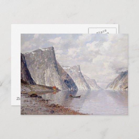 ノルウェーのフィヨルドでのボート遊び(キャンバス上の油彩) ポストカード (正面/裏面)