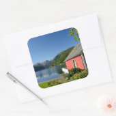 ノルウェーのフィヨルドビューとボートハウスステッカー スクエアシール (封筒)