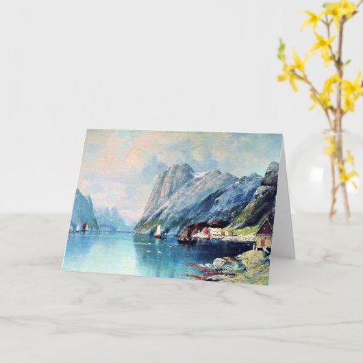 ノルウェーのフィヨルド素晴らしア絵画ートの カード (黄色い花)