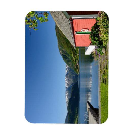 ノルウェーのフィヨルド表示+ボートハウス長方形マグネット マグネット (縦)