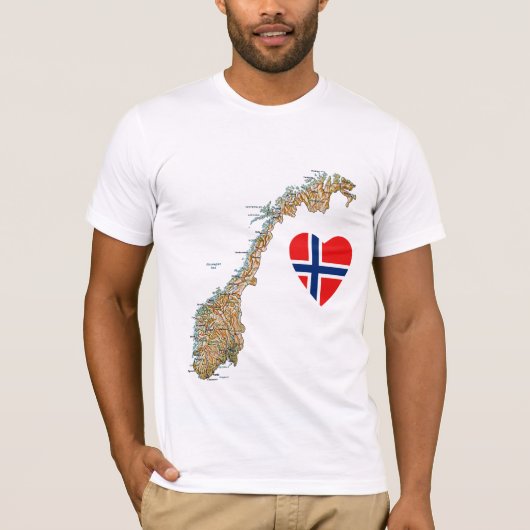 ノルウェーの旗のハートおよび地図のTシャツ Tシャツ (正面)