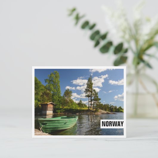 ノルウェーの枠のはがきのフィヨルドの緑の船 ポストカード (スタンド正面)