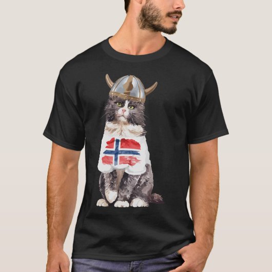 ノルウェーの森の猫ノルウェー国旗 Tシャツ (正面)