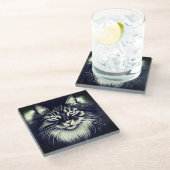 ノルウェーの森の猫（白黒） ガラスコースター (アングル)