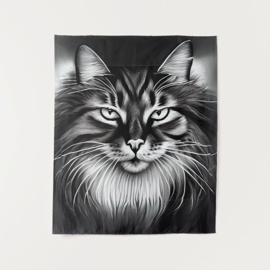 ノルウェーの森の猫（白黒） タペストリー (正面)